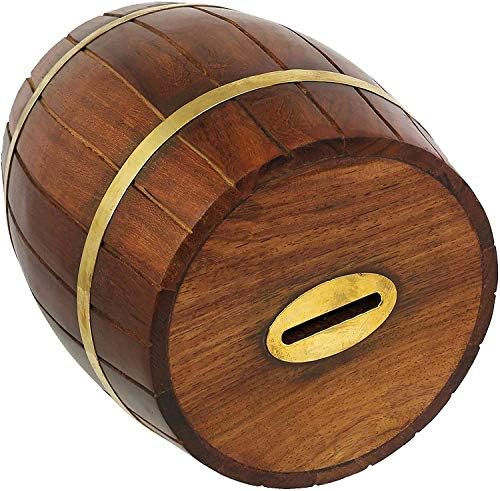 Ajuny Handcrafted Wooden Barrel Shape Piggy Bank with Brass Accents Artisan Artifact Size 7x5 Inches