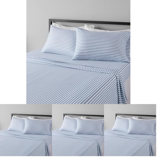Image of Amazon Basics Lightweight Super Soft Easy Care Microfiber 4 Piece Bed Sheet Set with 14-inch Deep Pockets - Queen,Dusty Blue Pinstripe,Printed,(Pack of 4)