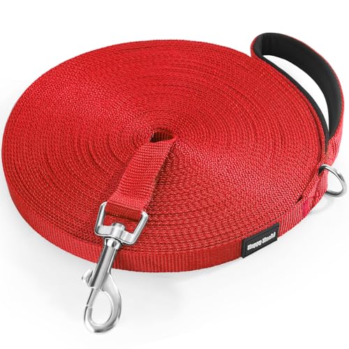 HAPPY HACHI Guinzaglio da Traino per Cani, 3 m/5 m/10 m/15 m/20 m/25 m/30 m/33 m, in Nylon con Cinturino, per Cani di Taglia Grande e Piccola (Rosso, 33M)