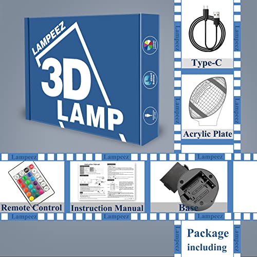 Lampeez Football Gifts Night Light, Kids 3D American Football Night Light Optical Illusion Rugby Lamp With 16 Colors Changing Remote Birthday Xmas Valentine's Day Gift Idea For Sport Fan Boys Girls #TOP6