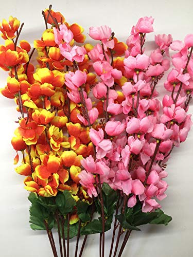 Image of Coolkart Artificial Orchid Peach Blossom Flower, Orange and Baby Pink | Set of 2 Bunch, 14 Stems, Party Decoration, Living Room Decor, Made in India