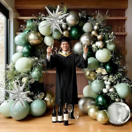 Image of Emerald Green Gold Balloons Dark Green Silver Gold Balloon Arch Dusty Green Balloon Garland Kit for Graduation Birthday Wedding Anniversary Party Decorations