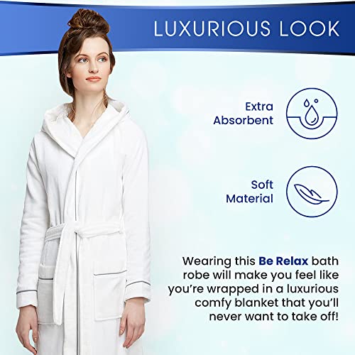 Be Relax Women’s Long Robe, Hooded Bathrobe, Shawl Collar Bathrobe, Full Length Belted Cotton Terry Bathrobes For Women (M, White-Hood-Piping-Grey) #TOP4