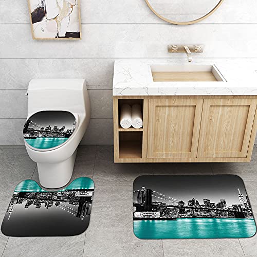 Jayden Madge 4Pcs/Set Brooklyn Bridge Fabric Shower Curtain, Fantasy Modern City Famous Building Night View New York Landscape Art Bathroom Decor, Non-Slip Bath Rugs Soft Toilet Mat, Teal East River #TOP4