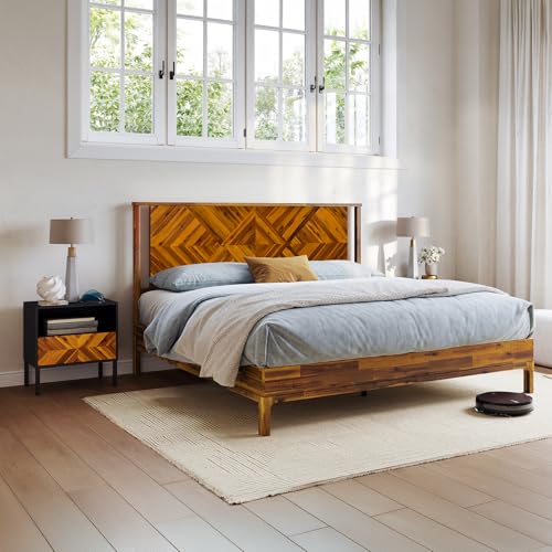Image of Bme Ethan King Size Bed Frame with Diamond Headboard, Rustic Mid Modern, Solid Acacia Wood, No Box Spring Needed, Slat Support, Rustic Caramel