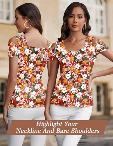 Image of Blingfit Tops for Women's V Neck Tunic Top Cold Shoulder T-Shirt Short Sleeve Casual Tee Blouse for Leggings Pluse Size XLarge, Red Background Print