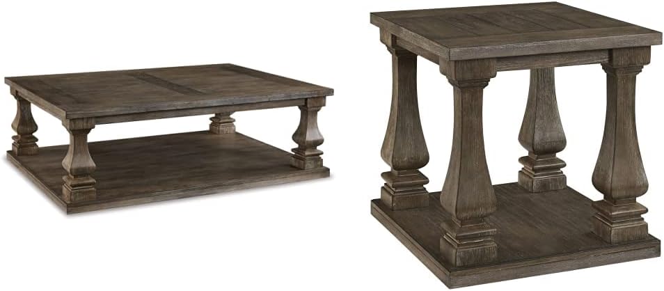 Signature Design by Ashley Johnelle Farmhouse Coffee Table with Weathered Gray Finish, Gray and Modern Country Rectangular End Table, Weathered Brown