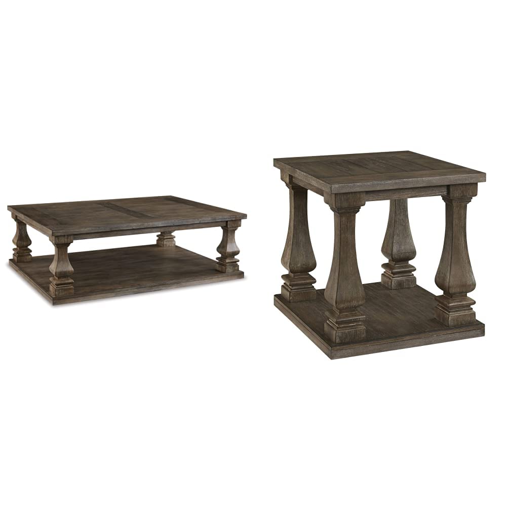 Signature Design by Ashley Johnelle Rectangular Cocktail Table, 54" W x 40" D x 18" H, Gray & Johnelle Modern Country Rectangular End Table, Weathered Brown