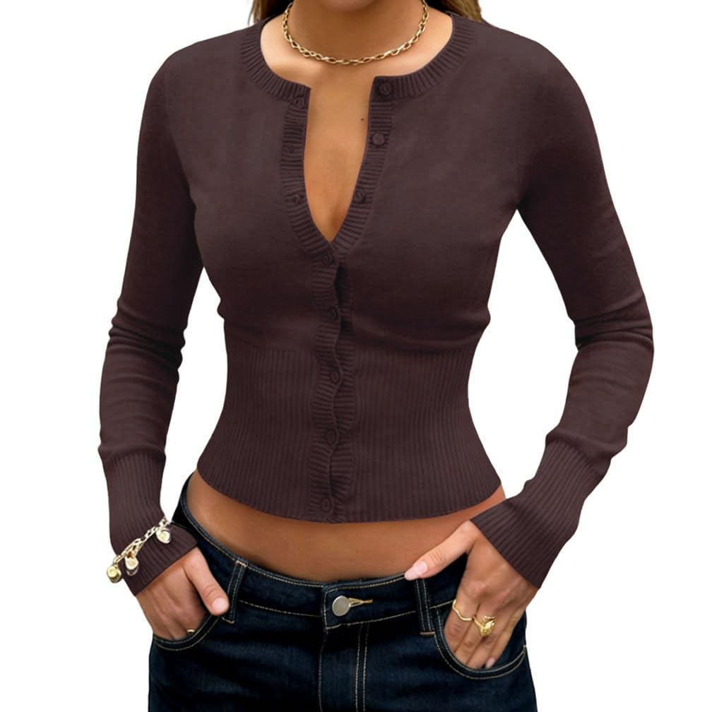 Women Henley Button Down Crop Knit Cardigan Y2K Long Sleeve Skinny Crew Neck Ribbed Knit Sweater Pullover Shirt