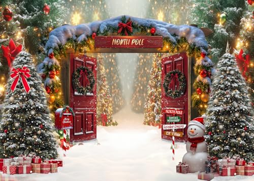 LTLYH 7x5ft Fabric Christmas North Pole Backdrop Winter Forest Wonderland Santas Workshop Door Background Xmas Tree Family Holiday Party Decor Photo Props 346