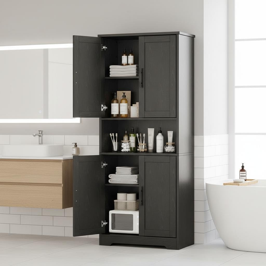 70" Tall White Pantry Cabinet with Doors, Freestanding Storage Cabinet with Adjustable Shelves for Kitchen, Dining Room, Bathroom, Living Room,Black