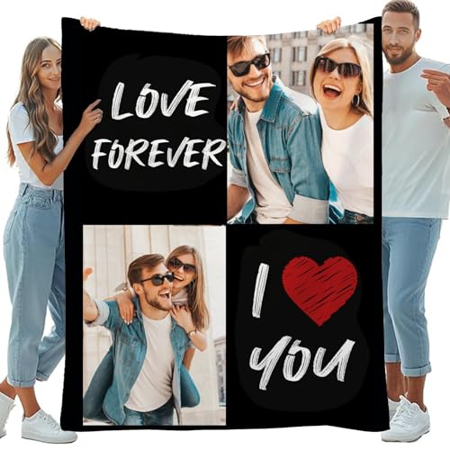 Manta personalizada con 2 fotos y palabras 'Love You', regalo personalizado para esposa, marido, San Valentín