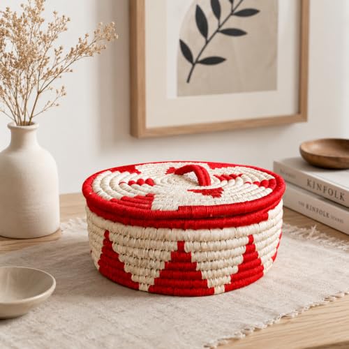 Image of Handmade Sabai Grass Date Palm Roti Box with Wooden Knob (RED TRIANGLE)