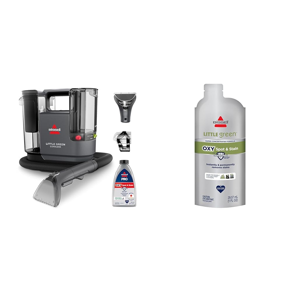 BISSELL Little Green Cordless SmartMix + NEW BISSELL Little Green Pro Oxy Spot &amp; Stain Super Concentrate Cleaning Formula for Portable Deep Cleaners, 6 Super Concentrate Pouches