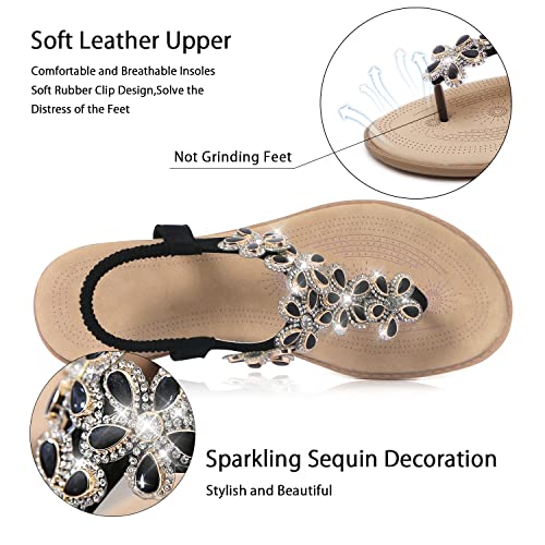 Image of iCKER Women Rhinestone Sandals T-Strap Buckle Bohemian Pearl Crystal Flat Sandals