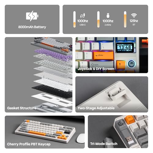 Image of EPOMAKER RT85 Wireless Mechanical Keyboard with Joystick & DIY Screen, 8000mAh, BT /USB /2.4Ghz, Gasket, Hot-Swap, PBT Keycap, 75% Gaming Keyboard (Retro White, Wisteria Linear)