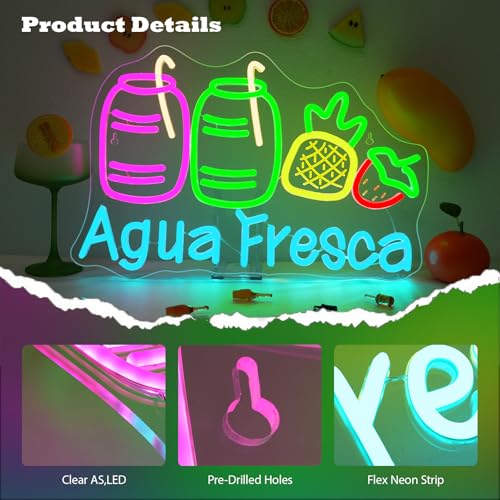 Image of Agua Fresca Neon Signs for Wall Decor Dimmable Colorful LED Light with Fruits and Straw USB Powered Fun Signs for Latin Restaurants Store Food Stalls Cafes Bars Kitchens