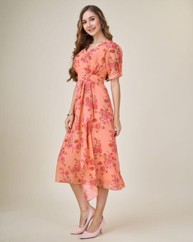 Image of MOJILAA Women's Orange Georgette Draped Floral Printed Flared Dress
