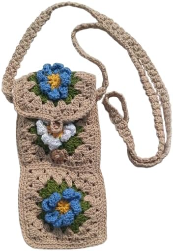 Handmade Crochet Flower Crossbody Bag – Boho Knitted Shoulder Bag with Daisy & Blue Floral Design, Small Vintage Phone Purse for Women and Girls