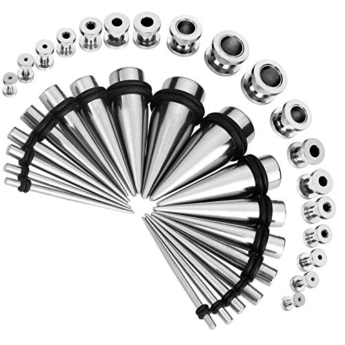 36Pcs Ear Stretching Kit 14G-00G Surgical Steel Tapers Tunnels Gauges Set For Starter Women Men Expanders Body Piercing Jewelry, Silvertone #TOP13