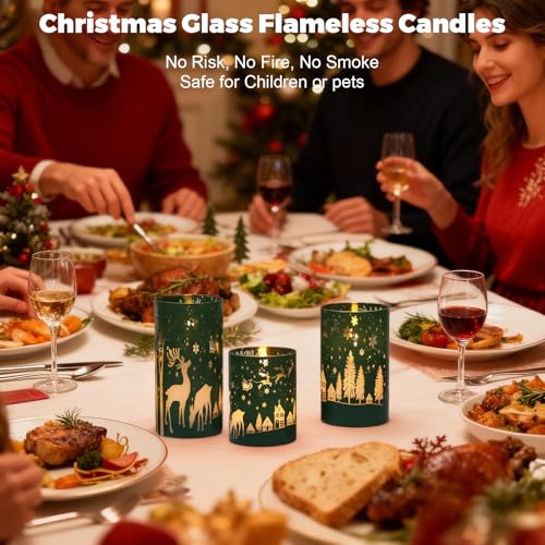 Image of Wondise Christmas Reindeer LED Flameless Candles with Remote Timer, Electroplate Glass Battery Operated Real Wax Flickering 3D Wick Pillar Candles for Christmas Holiday Home Decoration