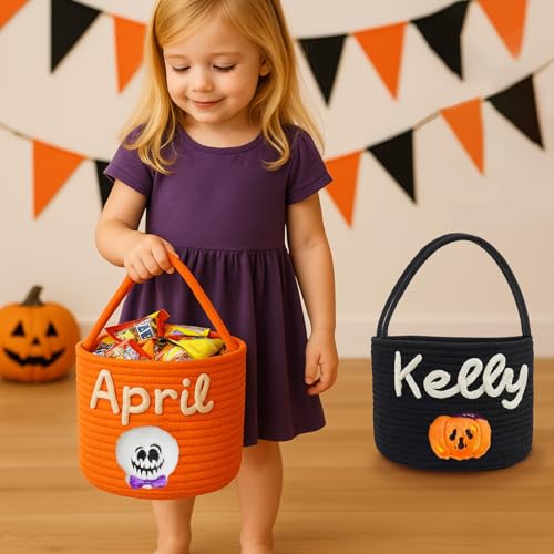 Custom Halloween Trick or Treat Basket with Name | Personalized Halloween Candy Bucket Gift for Boys Girls | Customized Pumpkin Bucket Ghost Bucket
