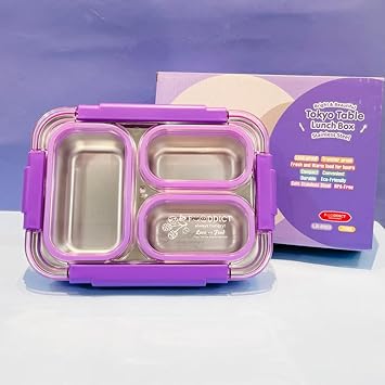 Lunch Box 3 Compartment Leak-Proof BPA Free Stainless Steel, Lunch Box for Kids, Lunch Box for School & Office with a Fork, a Spoon and a Pair of Chopsticks (3 Compartment, Purple)