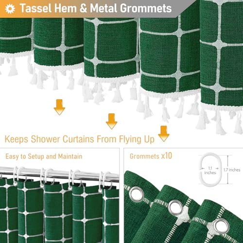 Image of BTTN 60 Inch Stall Shower Curtain - Boho Farmhouse Linen Thick Fabric Cloth Shower Curtain Set with 10 Plastic Hooks, Bohemian Country Decorative Shower Curtain for Bathroom - 60x72 - Emerald Green