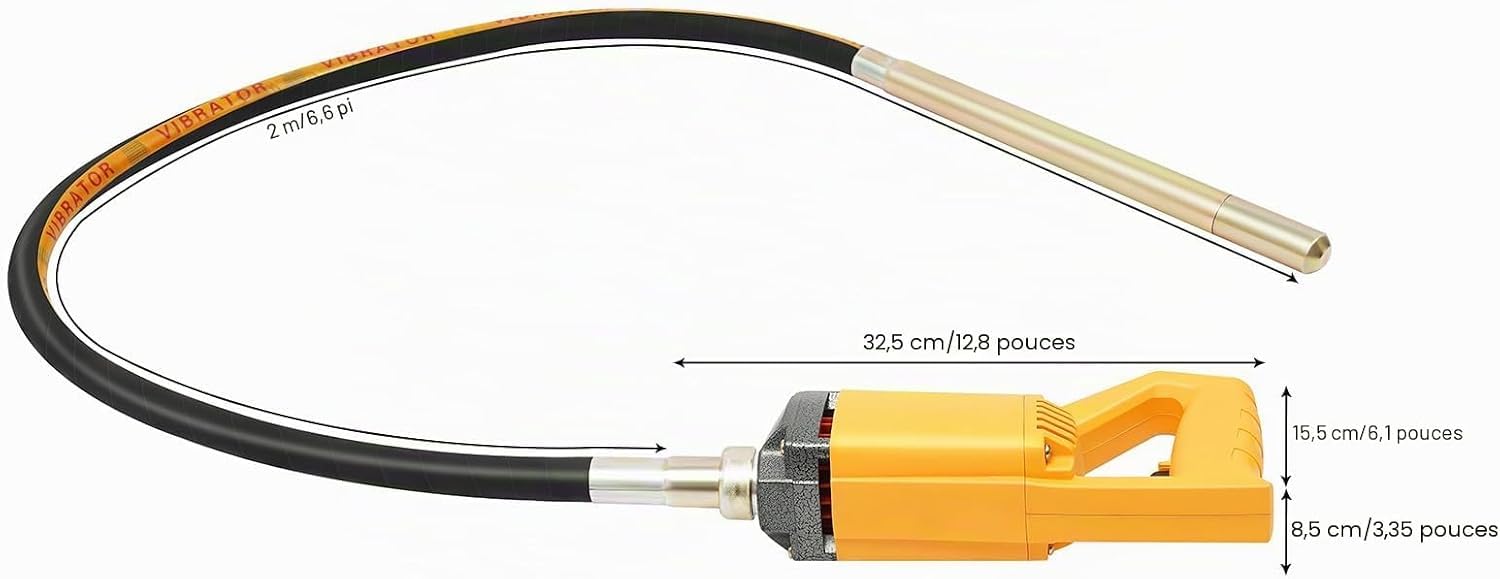 Vibreur Beton Betonniere Électrique 1300W Aiguille Vibrante Pour Beton 2M Vibrateur à Béton 4300 tr/min Plaque Vibrante Vibreur à Ciment Portable, Éliminer Bulles d'Air, Mélanger Le Béton