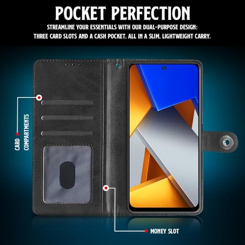 Image of WOW IMAGINE Shock Proof Flip Cover Back Case for Redmi Note 11T 5G | Poco M4 Pro 5G (Magnetic Button Flip Case | Wallet Pockets & Stand | Leather Finish | Haze Black)