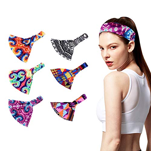 6 Pieces African Headband for Women Girls Boho Printed Head Bands Stretchy Yoga Sports Workout Hairband Elastic Turban Headwrap Head Wear Hair Accessories