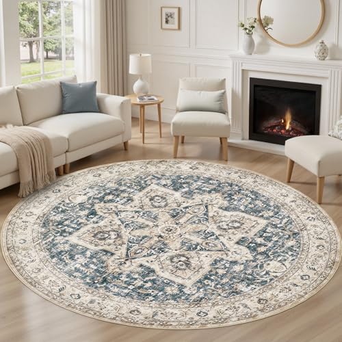 Tortania 8' Round Area Rug Living Room Rugs - Washable Boho Rug Vintage Oriental Distressed Farmhouse Large Thin Indoor Carpet for Bedroom Under Dining Table Home Office - Cream/Blue