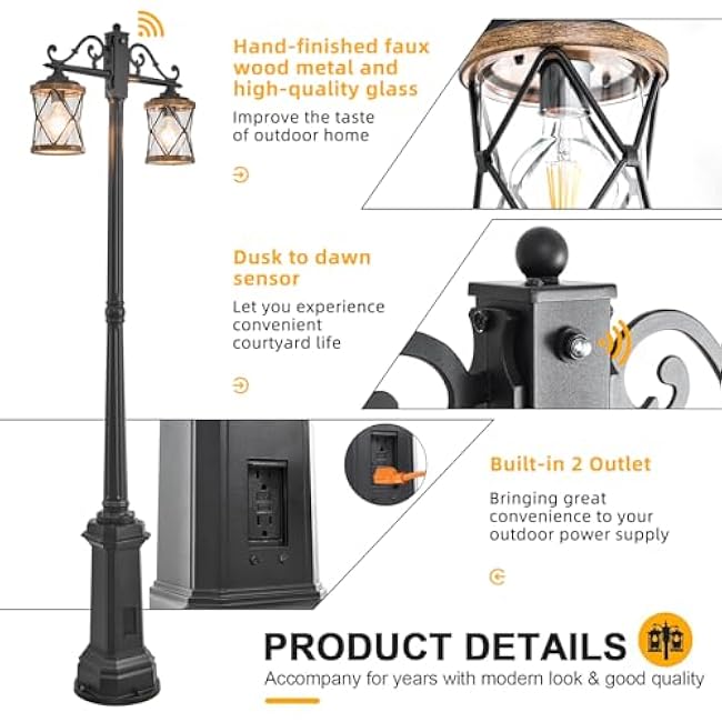 Outdoor Lamp Post Lights Double-Head Farmhouse Street Light Fixture Black Lantern