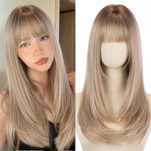 testar Ombre Brown Blonde Straight Wigs for Women with Bangs Natural Synthetic Layered Heat...