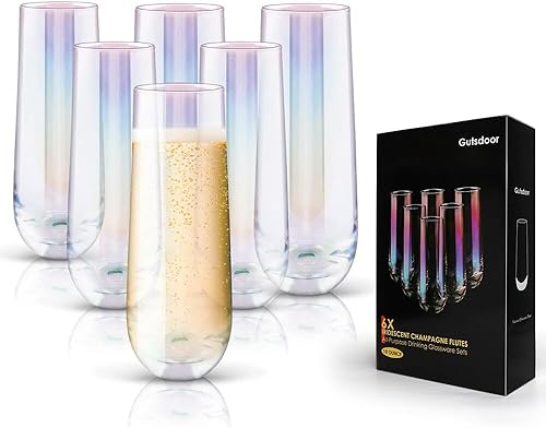 Gutsdoor Radiance White Pearl Luster - Juego de 6 copas de champán sin tallo (10 onzas) elegantes vasos multiusos para agua, jugo, cerveza, whisky y