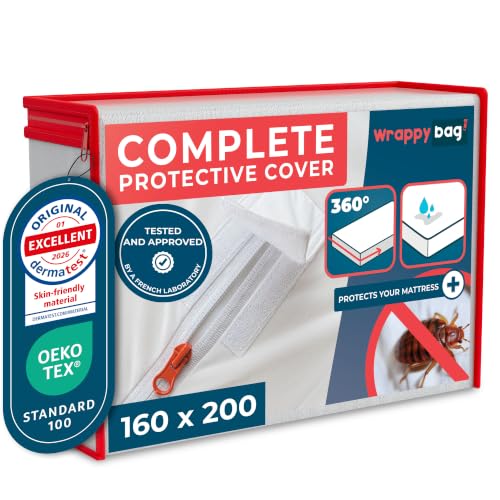 WRAPPYBAG Protector de Colchón Impermeable – Cubre Colchón Anti Chinches y Antiácaros – Funda de Colchón Sin Tratamiento Químico – Superficie de Algodón Suave y Cómoda – 14 Tamaños Disponibles