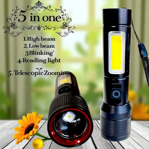 Image of Usha+ HP-360C Rechargeable Torch, Powerbank Function, Aircraft Aluminum Body, Telescopic Zoom, Water Resistant Flashlight with Multiple Light Modes (Black) LED