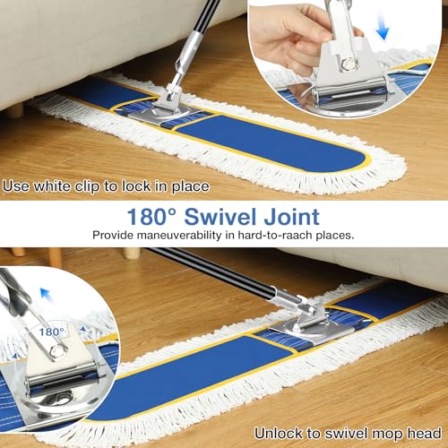 Image of CLDREAM 48 inch Large Commercial Industrial Dust Mop for Floor Cleaning | 2 Washable Cotton Mops Pads /Wet Dry Floor Duster Broom for Hardwood Floors Marble Laminate Tile Concrete Garage /Blue