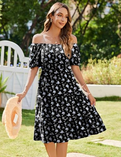 Image of Zeagoo Women's Summer Dress Casual Puff Sleeve Square Neck Midi Dresses Tiered Beach Vacation A-Line Sundress with Pockets