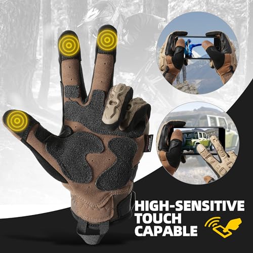 ZUNE LOTOO Tactical Gloves for Men, Touchscreen Motorcycle Gloves Padded Finger Impact Protection, Tan Leather Safety Work Gloves Cut Resistant for Paintball Airsoft Range Skeleton Women Medium