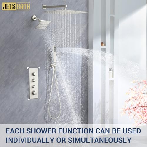 Sistema de Ducha Termostático Dual con Cabezal de Lluvia de 16" y 6" Acabado Níquel Cepillado | Grifería para Baño de Montaje en Pared con Válvula Termostática para Parejas miniatura 2