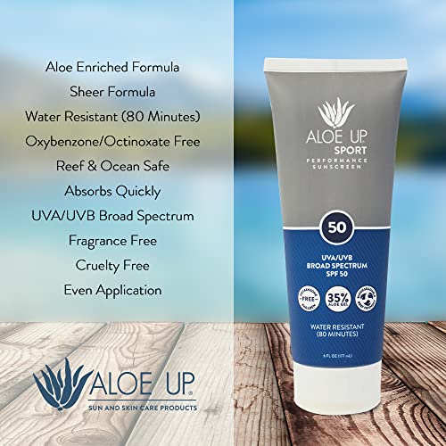 Aloe Up Spf 50 Sport Sunscreen Lotion - Broad Spectrum Uva/Uvb High Spf Sunscreen, Reef Friendly Sunscreen For Body & Face - Waterproof Vacation Sunscreen, Aloe Gel Infused Sunblock Protection - 6 Oz #TOP5