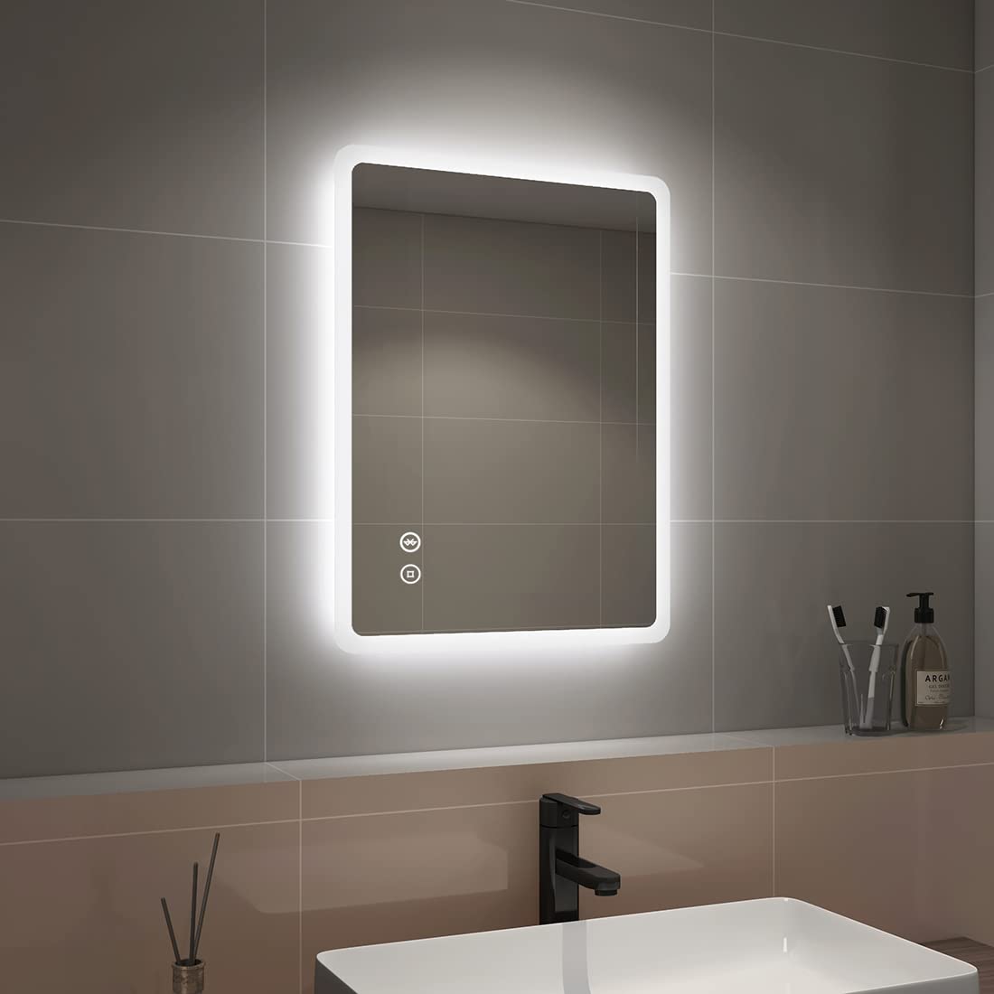 EMKE Illuminated Vanity Mirror 450x600mm, Backlit LED Bathroom Mirror with Shaver Socket and Bluetooth Speaker, Demister Pad, Touch Switch, Vertical & Horizontal