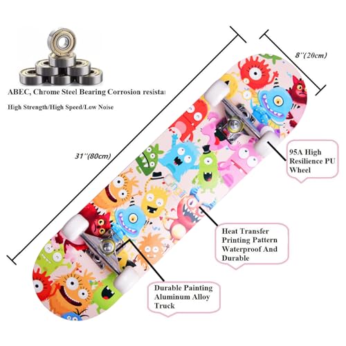 Image of Skateboards for Beginners Kids Boys Girls and Adults,31''x8'', 7-Layer Maple, Double Kick Concave, Fascinating Cool, Solid&Durable