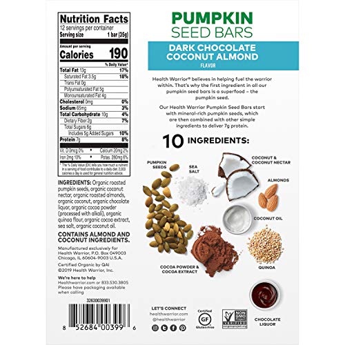 Health Warrior Pumpkin Seed Protein Bars, Dark Chocolate Coconut Almond, 12 Count