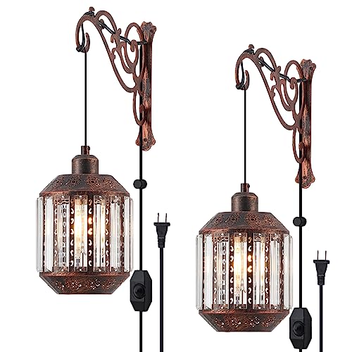 Image of Black Farmhouse Lantern Hanging Lamp Plug in Wall Sconces Set of Two,Boho Dimmable Glass Wall Mounted Lights Plug in Hanging Wall Lamps Rustic for Bedrooms Bedside Living Room