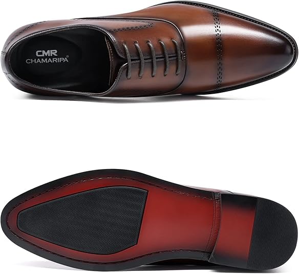 Image of CHAMARIPA Men's Height Increasing Shoes Elevator Dress Shoes Genuine Leather Formal Oxford Shoes that Make You 8CM / 3.15 Inches Taller - Brown