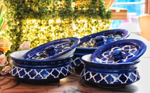 Image of Niyara Premium Handcrafted Ceramic Casserole /Donga Set with Lids | Serving Bowls for Hot Food | Microwave & Dishwasher Safe | Set of 3 (1000ML, 650ML, 550ML) | Moroccan Blue