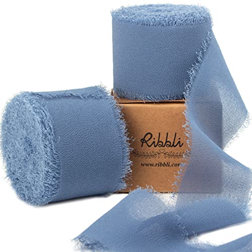Ribbli Dusty Blue Chiffon Ribbon 1-1/2 inch x 20 Yard Handmade Fringe Chiffon Silk Ribbon for Wedding Invitations Bridal Bouquets Wrapping Flower Arrangement Decoration