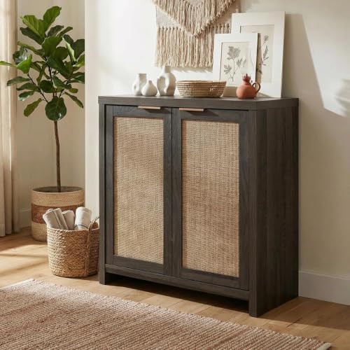 Image of OAKHAM HOME Rattan Sideboard Cabinet with Storage, Black Oak | Buffet Cabinet with 2 Soft-Close Doors, Adjustable Shelves and 110 lbs Top, For Living Room, Kitchen, Entryway